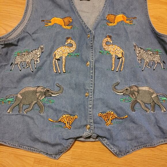 Vtg 90s Y2K Animal Embroidered Denim Vest Safari Africa Elephant Giraffe Zebra L - Picture 5 of 6